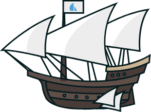 A ship hovering a few feet over the surface of the water, bearing a flagpole with the Sails.js logo